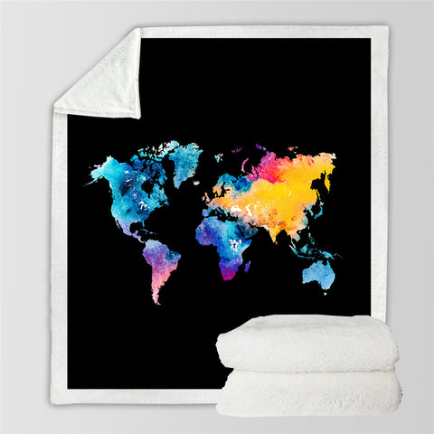 Image of Black Background Map Sherpa Fleece Blanket - Beddingify