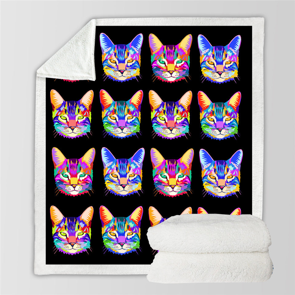 Colorful Cat Face Themed Sherpa Fleece Blanket