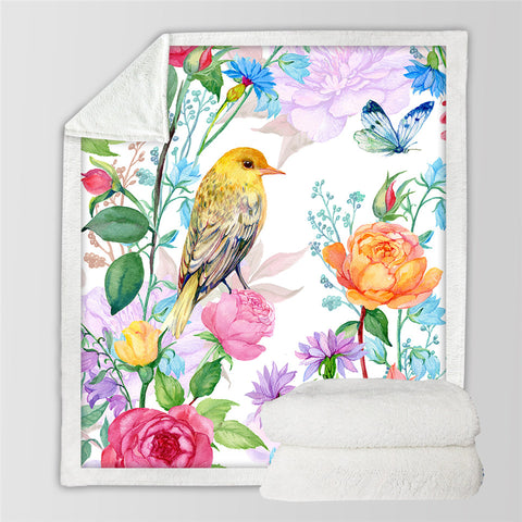 Image of Flowers And Bird Sherpa Fleece Blanket