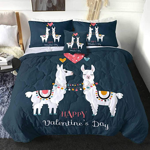 Image of 4 Pieces Happy Valentine's Day Llama Comforter Set - Beddingify