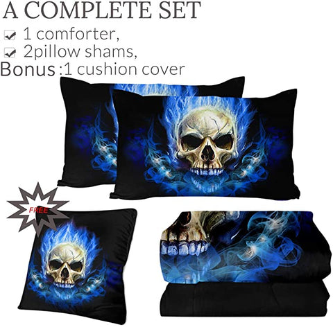 Image of 4 Pieces Blue Flaming Skull Comforter Set - Beddingify