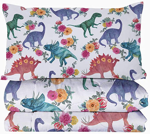 Image of 4 Pieces Flowery Dinosaur Pattern Comforter Set - Beddingify