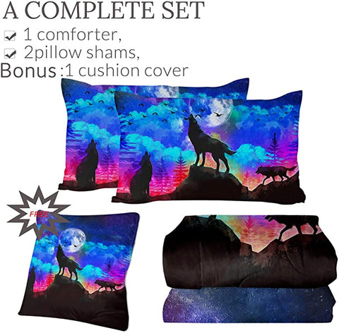 Image of 4 Pieces Fullmoon Wolfhowl Comforter Set - Beddingify