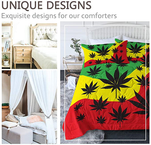 Image of 4 Pieces Black Canabis Pattern Tricolor Comforter Set - Beddingify