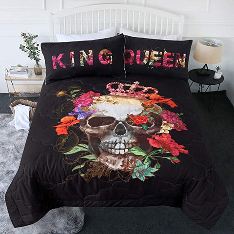Image of 4 Pieces King & Queen Skull Comforter Set - Beddingify