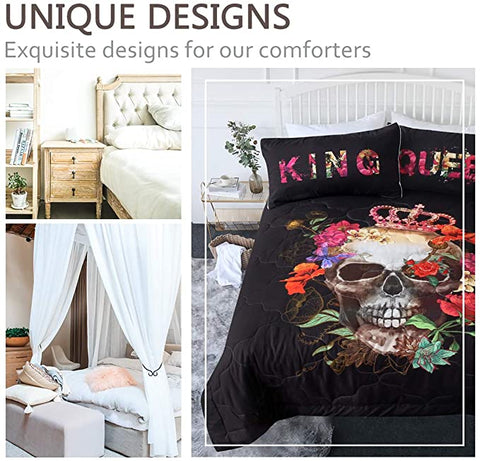 Image of 4 Pieces King & Queen Skull Comforter Set - Beddingify