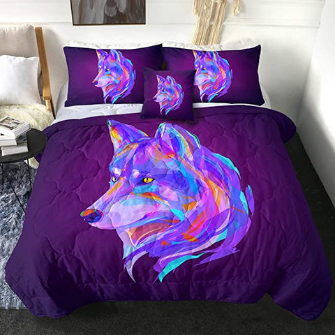 Image of 4 Pieces Multicolor Wolf Eggplant Comforter Set - Beddingify