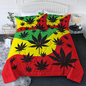4 Pieces Black Canabis Pattern Tricolor Comforter Set - Beddingify