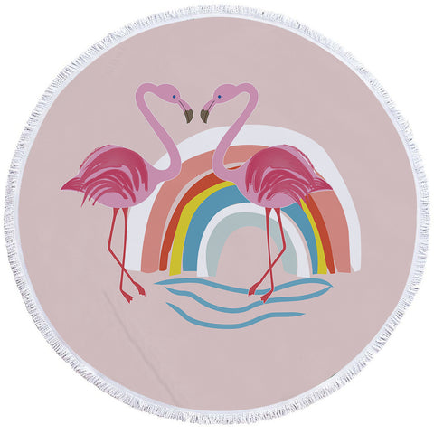 Image of Rainbow Flamingos Round Beach Towel Set - Beddingify