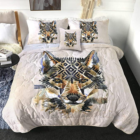 Image of 4 Pieces Painted Tribal Wolf Comforter Set - Beddingify