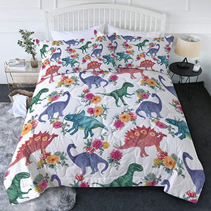 4 Pieces Flowery Dinosaur Pattern Comforter Set - Beddingify
