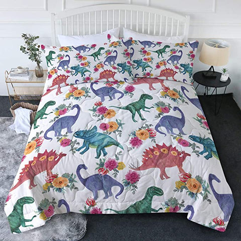 Image of 4 Pieces Flowery Dinosaur Pattern Comforter Set - Beddingify