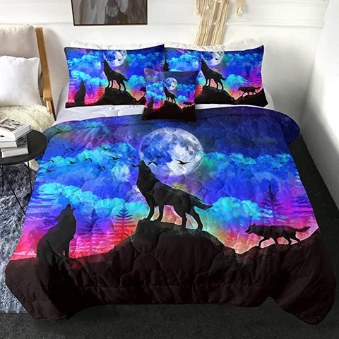 Image of 4 Pieces Fullmoon Wolfhowl Comforter Set - Beddingify