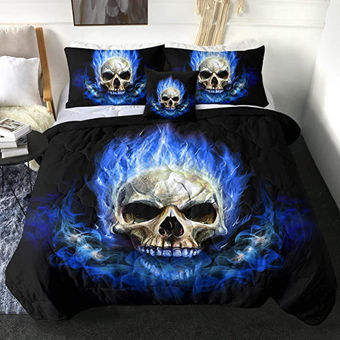 Image of 4 Pieces Blue Flaming Skull Comforter Set - Beddingify