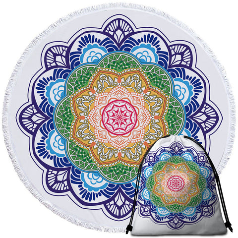 Image of Colorful Mandala Layers White Round Beach Towel Set - Beddingify