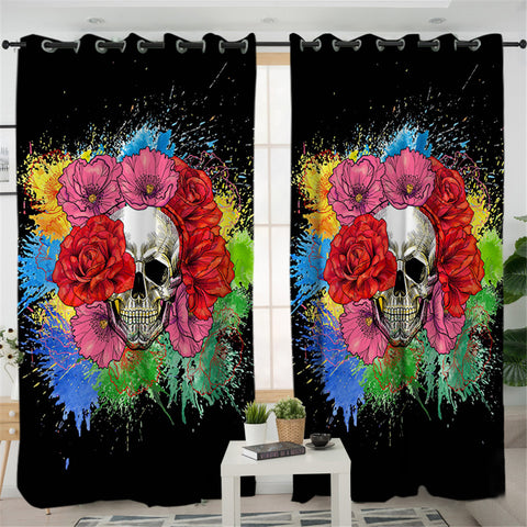Image of Colorful Flower Skull Themed 2 Panel Curtains