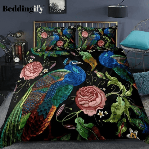 Image of Retro-antiquity Flowers Peacock  Print  Bedding Set - Beddingify