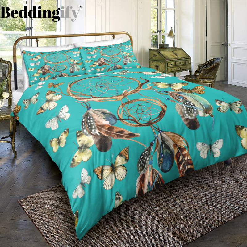 Green Butterflies Dreamcatcher Bedding Set - Beddingify