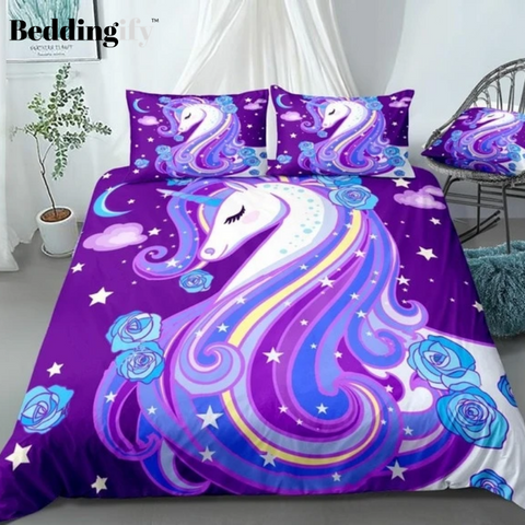 Image of Purple Unicorn with Roses Bedding Set - Beddingify