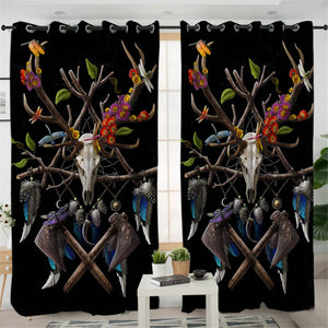 Honored Trophy Head Antlers Black 2 Panel Curtains