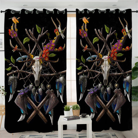 Image of Honored Trophy Head Antlers Black 2 Panel Curtains