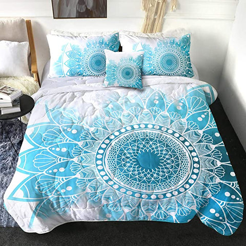 Image of 4 Pieces Mandala Motif Cyan Comforter Set - Beddingify