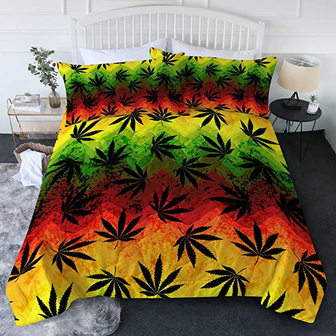 Image of 4 Pieces Black Canabis Pattern Comforter Set - Beddingify