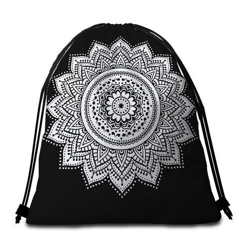Image of White Mandala Style Black Round Beach Towel Set - Beddingify