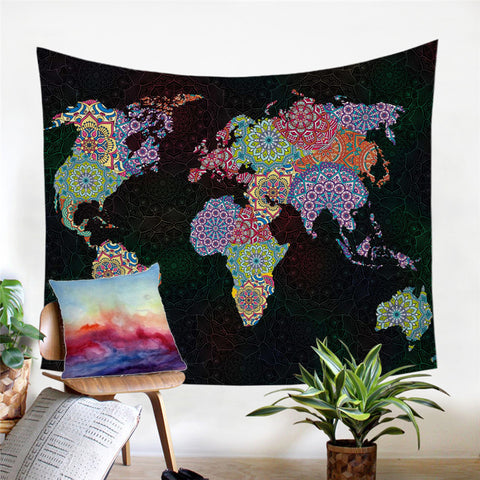 Image of Patterned Continent World Map Tapestry - Beddingify