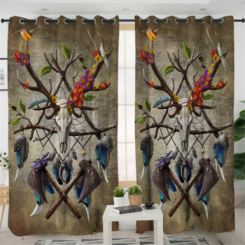 Image of Honored Trophy Head Antlers Old 2 Panel Curtains
