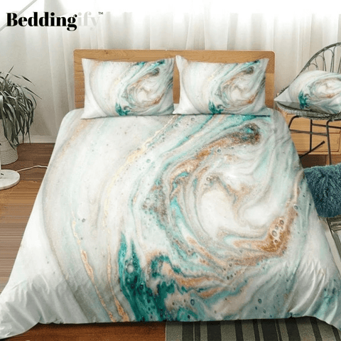 Image of White Cyan Marble Abstract Art Bedding Set - Beddingify
