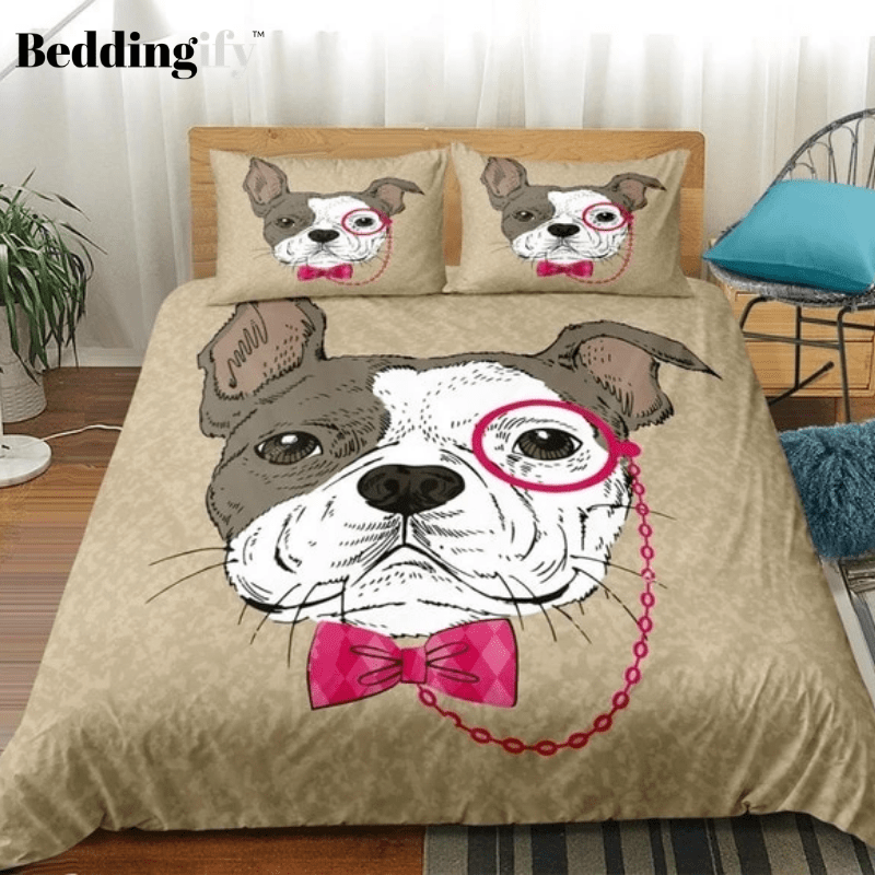 Bulldog in Pink Tie Bow and Monocle Bedding Set - Beddingify