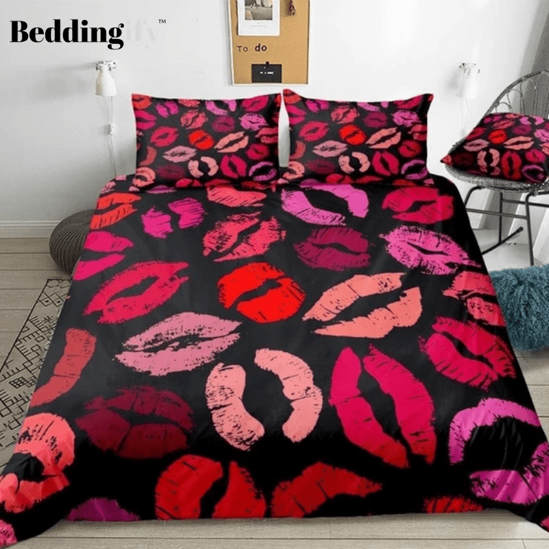 Red Pink Lips Kisses Bedding Set - Beddingify