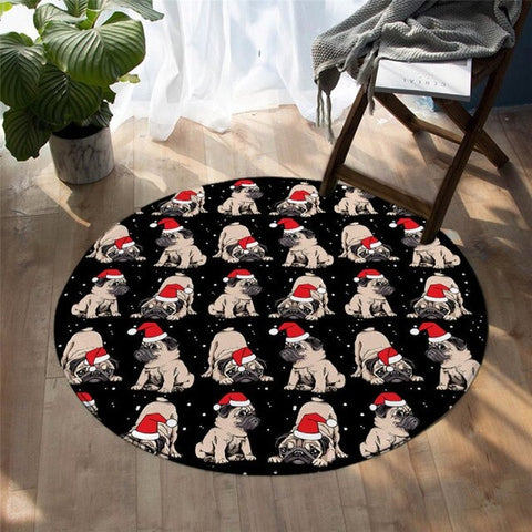Image of Christmas Pug Dog Area Rug Round Carpet