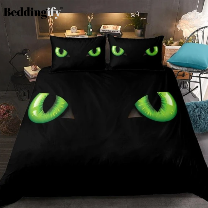 3D Cat Green Eye Black Bedding Set - Beddingify