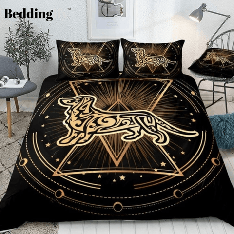 Image of Dachshund Geometric Golden Black Bedding Set - Beddingify