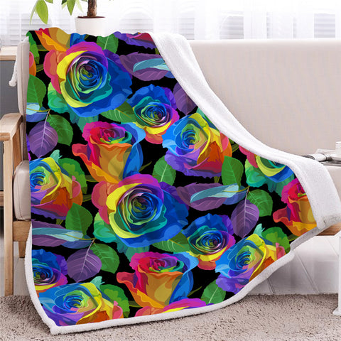 Image of Rainbow Roses Themed Sherpa Fleece Blanket - Beddingify