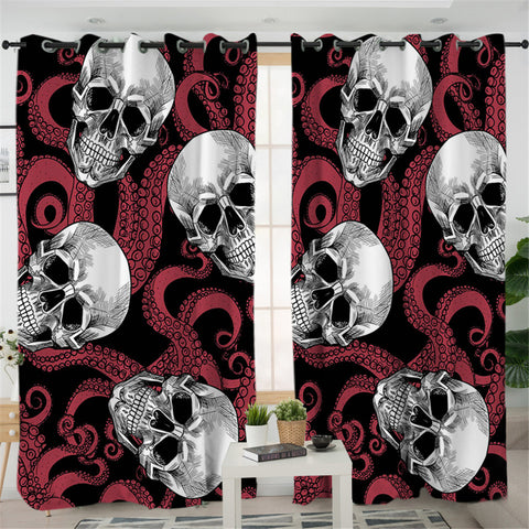 Image of Red Octopus Skull 2 Panel Curtains