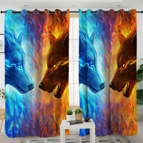 Image of Fiery Contrast Wolves 2 Panel Curtains