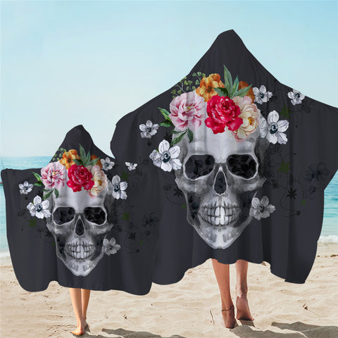 Image of Flowery Skull Grey Hooded Towel