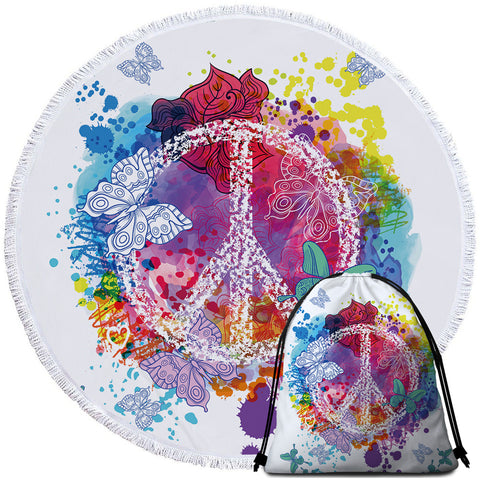 Image of Peace Butterflies Colorful Round Beach Towel Set - Beddingify