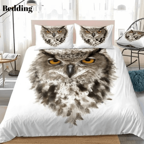 Image of 3D Owl with Ears and Yellow Eyes White Bedding Set - Beddingify