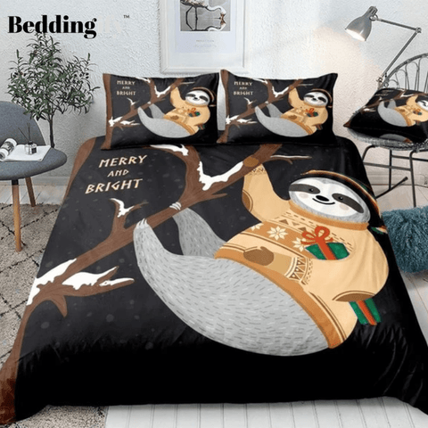 Image of Cute Sloth Handing on Tree and Gift Box Bedding Set - Beddingify