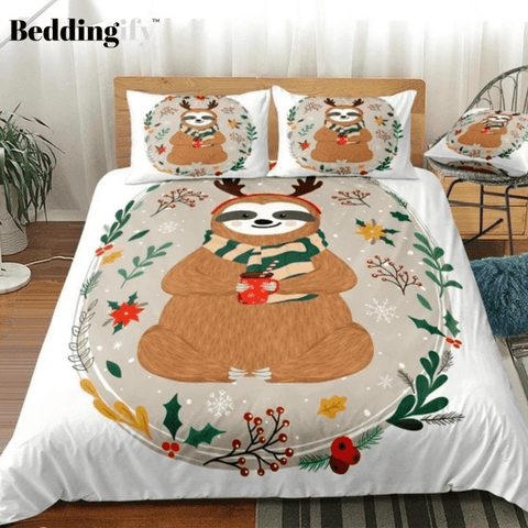 Image of Christmas Sloth In Flowers Branches Bedding Set - Beddingify