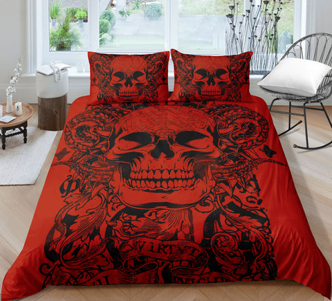 Image of Black Red Roses Skull Skull Bedding Set