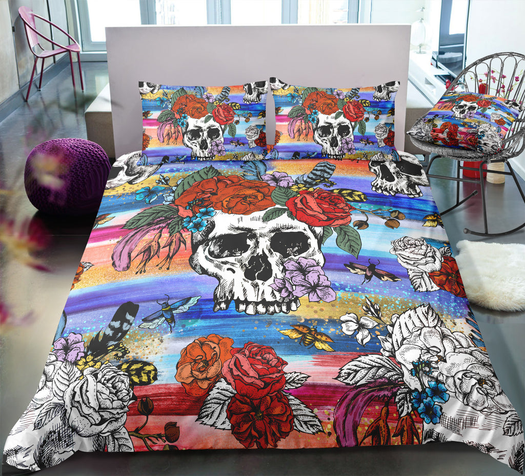 Floral Watercolor Skull Bedding Set