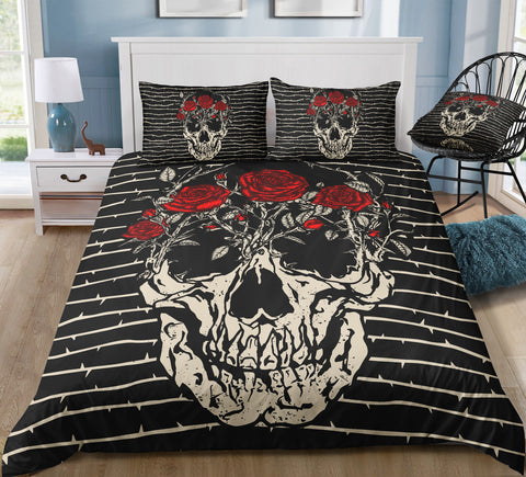 Image of Barbed Wire Stripes Roses Skull Bedding Set