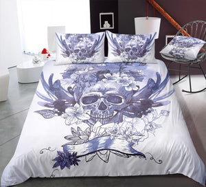 Vintage Purple & White Wings Skull Bedding Set