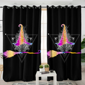 Colorful Gradient Witch Hat & Flying Broom SWKL3384 - 2 Panel Curtains