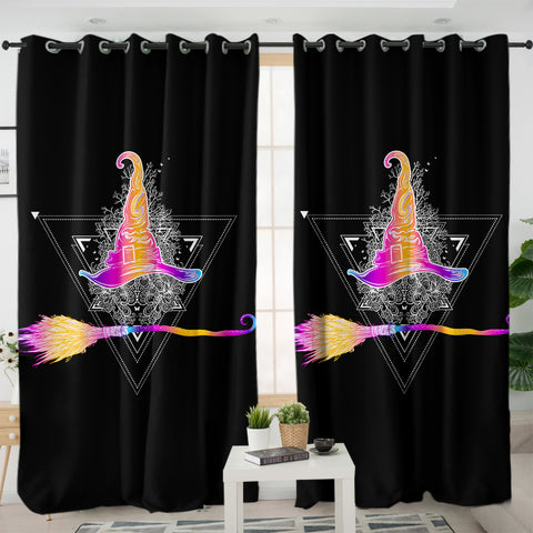 Image of Colorful Gradient Witch Hat & Flying Broom SWKL3384 - 2 Panel Curtains